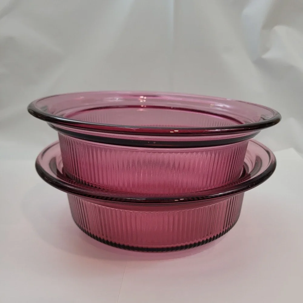 Lot‎ of 2 Corning Vision Casserole Dish V-30-B Cranberry Glass 24oz Ribbed Round